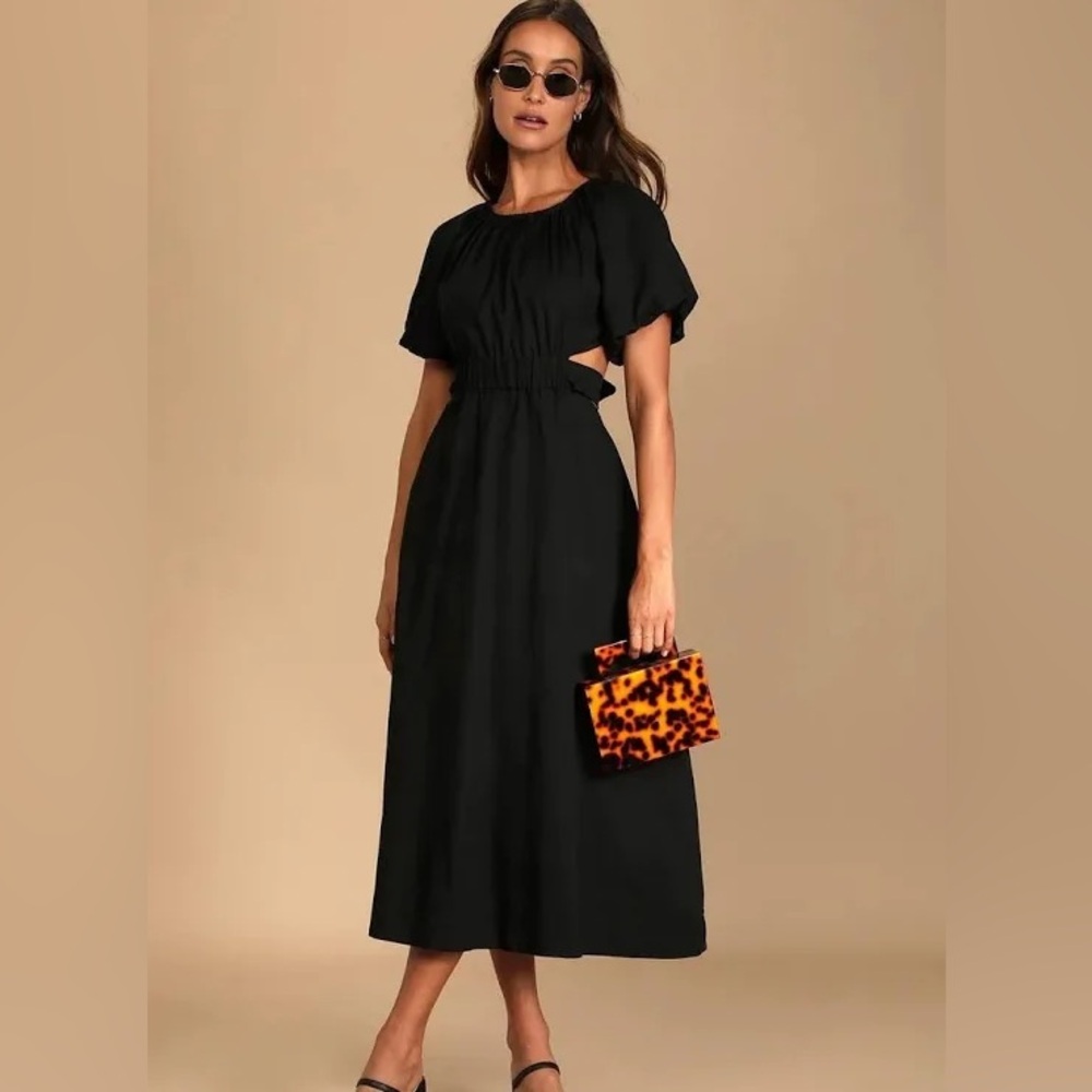 Lulus Commemoration Black Puff Sleeve Cutout Midi Dress Womens Size Medium